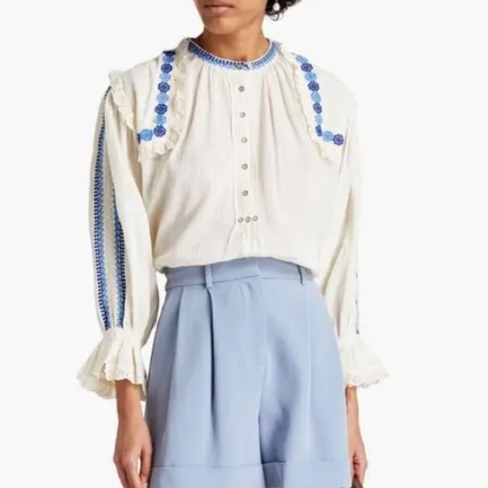 ANTIK BATIK Pietro Ruffle-Trimmed Embroidered Cotton-Gauze Blouse